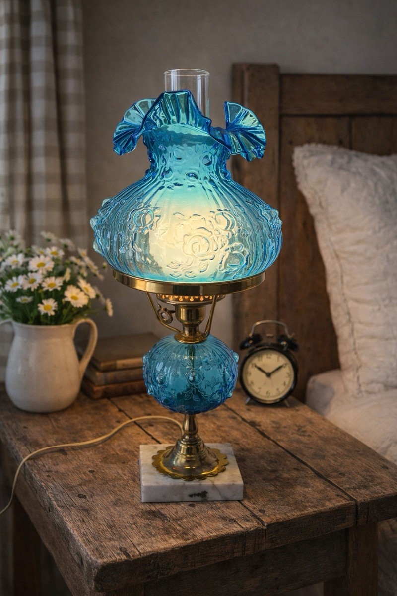 Vintage Fenton 1967-1973 Colonial Blue Cabbage Rose Glass Lamp