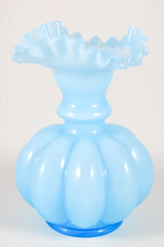 Vintage Fenton Ribbed Ruffled Edge Pale Blue Art Glass Melon Vase 6" Tall
