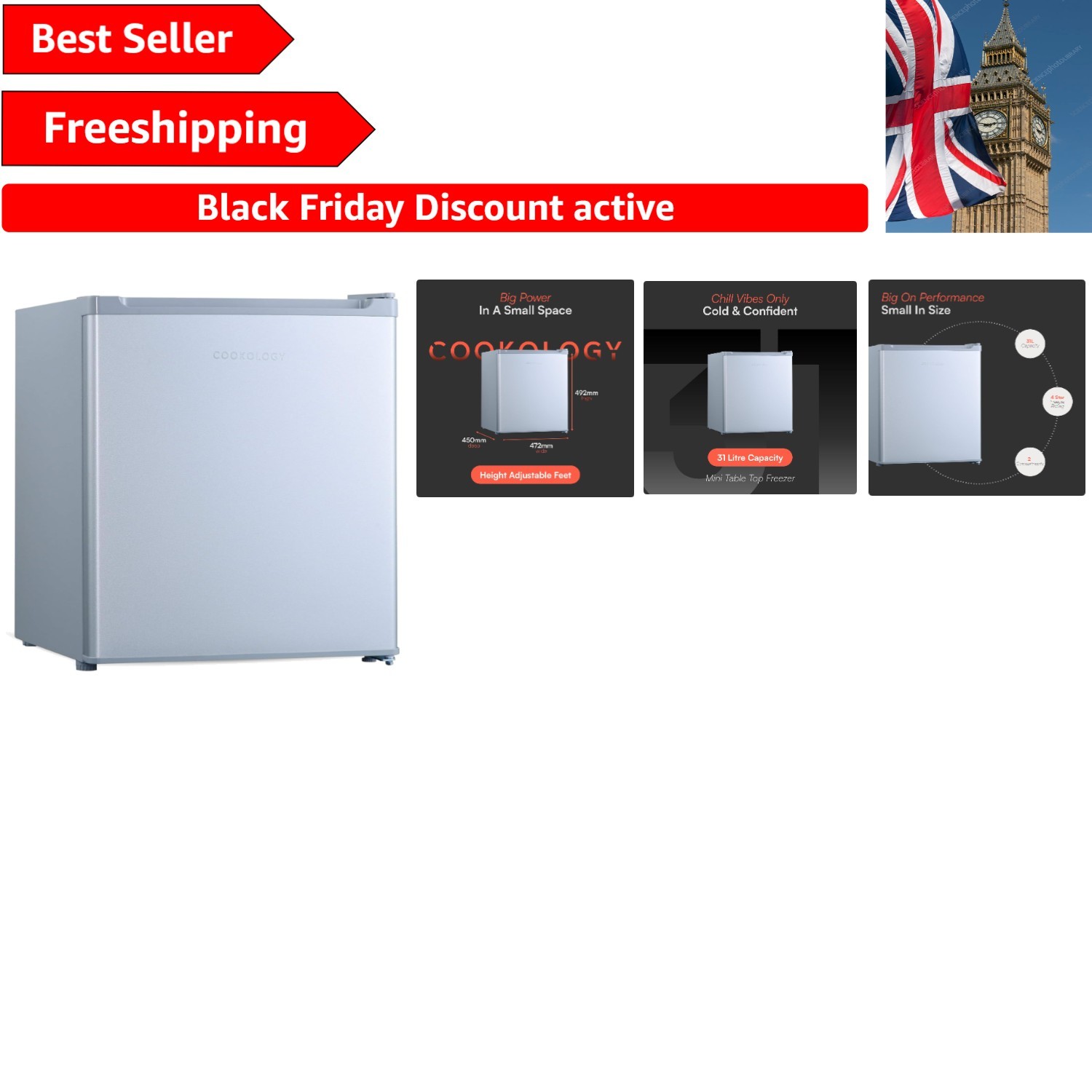 Kompakter silberner Mini-Gefrierschrank - 32 l Arbeitsplatte platzsparend mit einstellbarer Steuerung