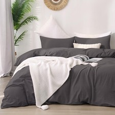 King Duvet Cover Set Washed Cotton Linen Feel Dark Grey Soft Breathable Beddi...