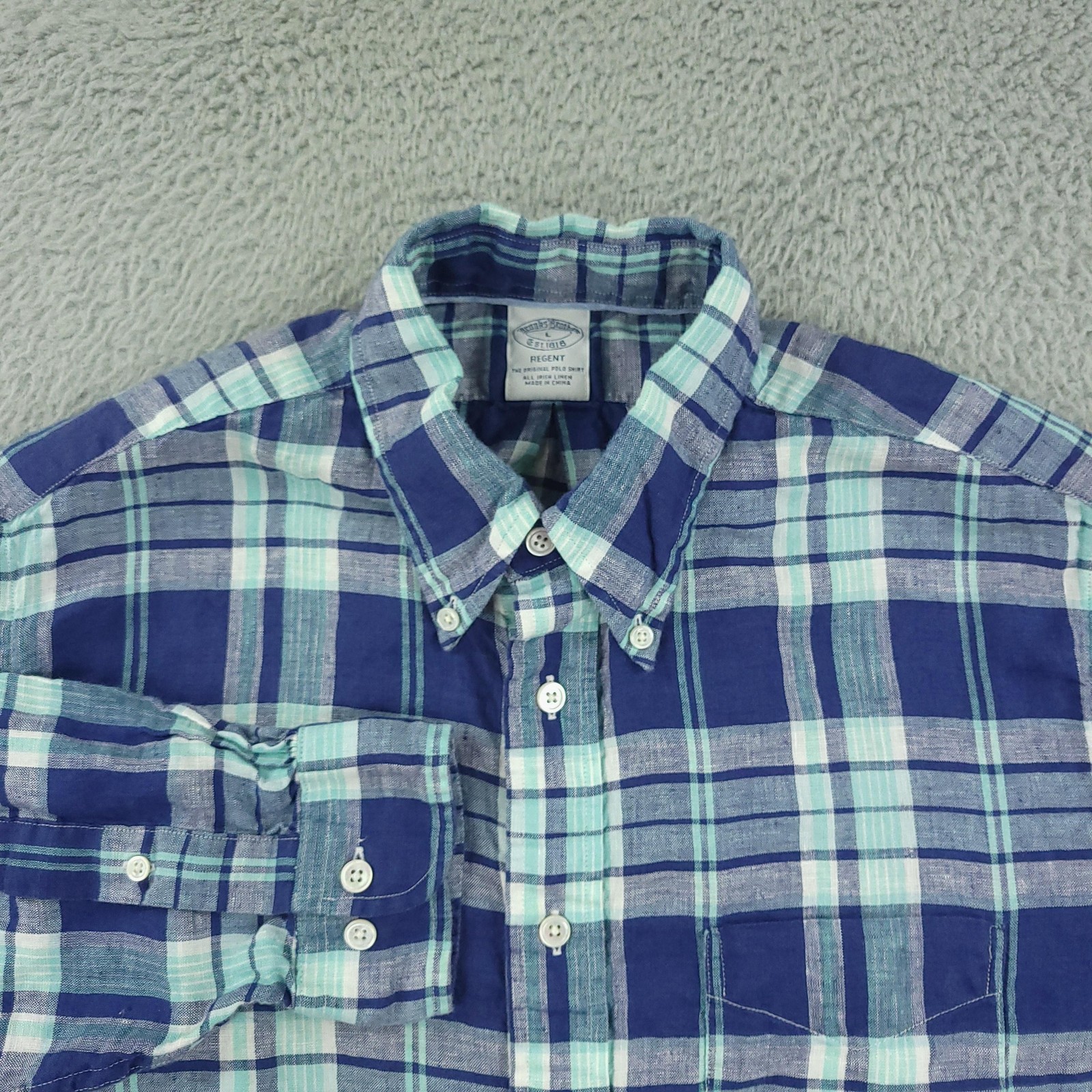 Brooks Brothers Shirt Mens Large Blue Green Plaid Regent Irish Linen