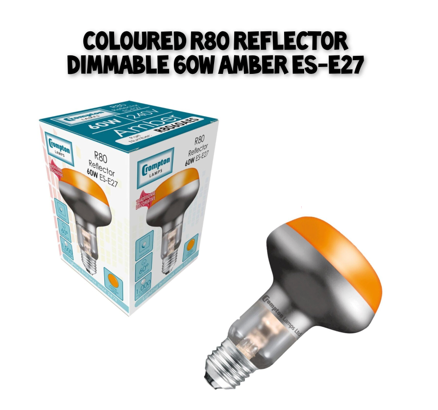 Crompton R80 ES-E27 Coloured 60 Watt Lamp Amber Bulb Disco Light R80 Reflector