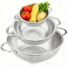 AOKIWO 3-Piece Stainless Steel Colander Set Micro-Perforated Strainers 1/3/5 Qt