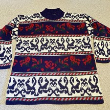 Spunky Vintage 80s 90s Winter Sweater Womens L Roses Hearts USA Made Nordic