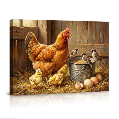 Farm Chicken with Chicks and Sparrows Canvas Poster Wall Art,Rustic Barn Scene 