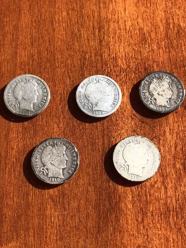 Lot of (5) U.S. Silver Barber Dimes - Circulated No Reserve! Silver is Hot!!!!