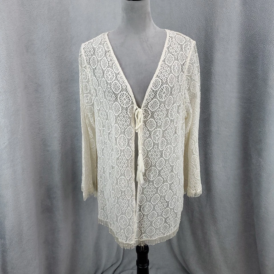 Cárdigan boho para mujer XL encaje dobladillo crudo flecos bordado floral Foto 2 de 4