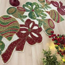 Handmade Christmas table runner, beaded runner, multi colour, 13x36inch