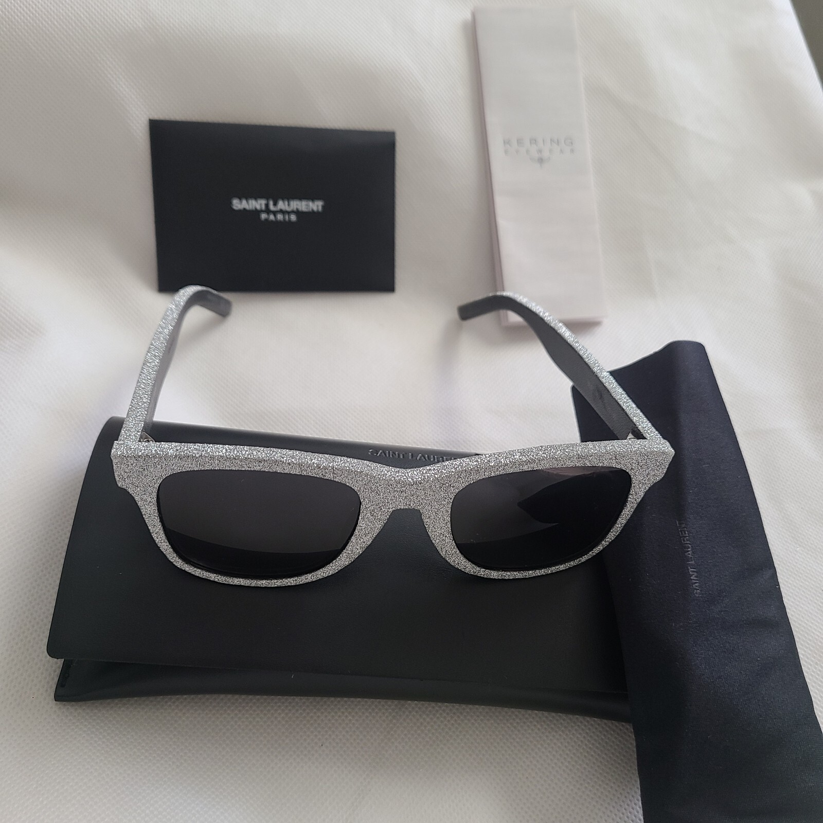 Occhiali da sole Saint Laurent Paris argento glitter e pelle nera SL 51 051 MSRP $1095