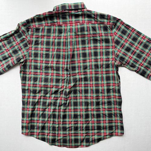 Lands End Button Down Shirt Mens L 16-16.5" No Iron Twill Plaid Tartan Navy Red - Picture 4 of 6