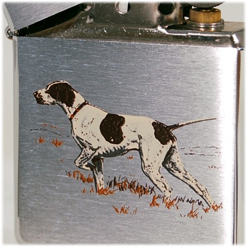 Zippo Oil Lighter Pointer Dog 1997 Silver Brass Silk Print