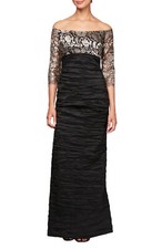 NWT $229 Alex Evenings Off Shoulder Empire Waist Gown Black/Taupe [SZ 10 ] E656