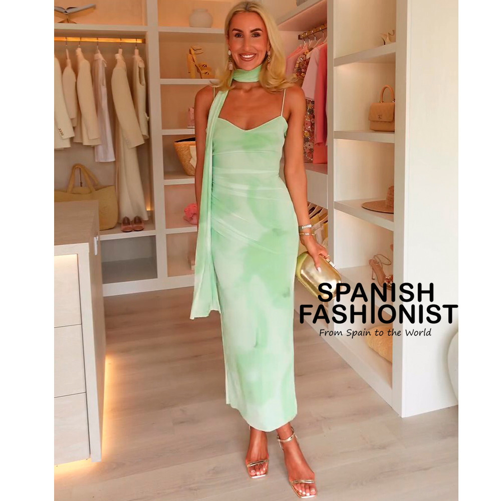 ZARA WOMAN NWT SS25 GREENS TULLE MIDI DRESS WITH SCARF ALL