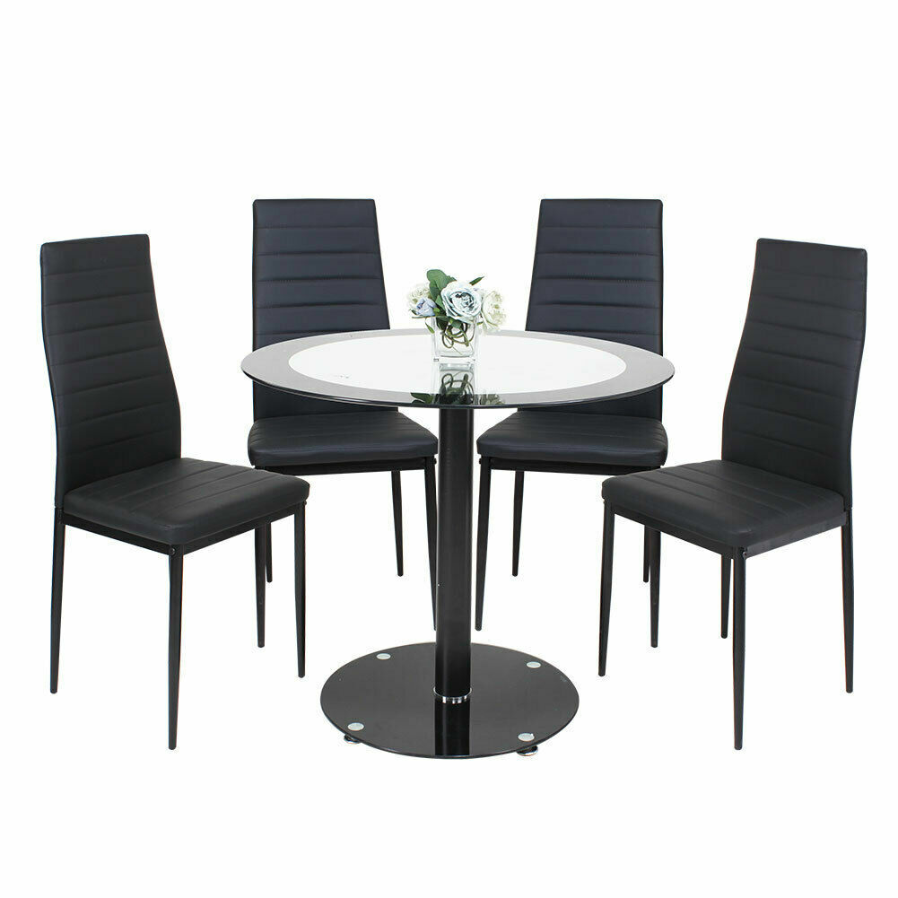 90cm Glass Dining Table and 2/4 Padded Faux Leather Chairs Kitchen
