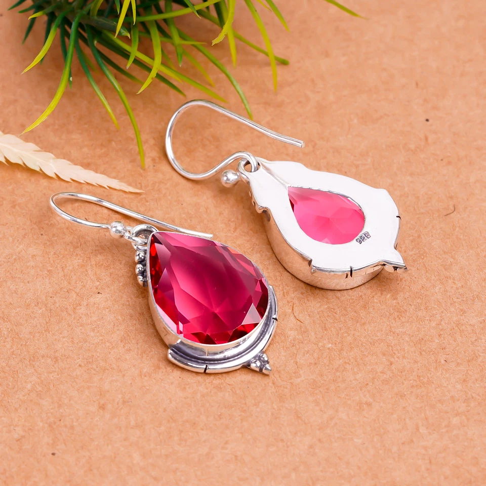 Pendiente fresco de plata de ley 925 maciza con piedras preciosas de turmalina rubelita rosa V10330 Foto 4 de 4