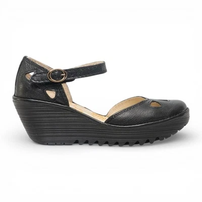 Fly London Femmes Noir Cuir Yuna Wedges Sandales Espadrille À Talons - Photo 1/4