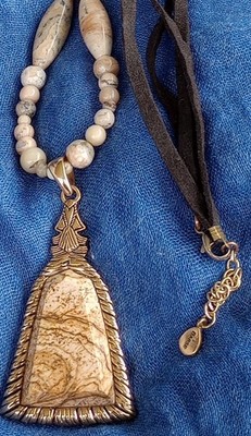 Vtg BARSE Necklace Agate Stone Leather Jasper Neutral Earth Statement Aesthetic