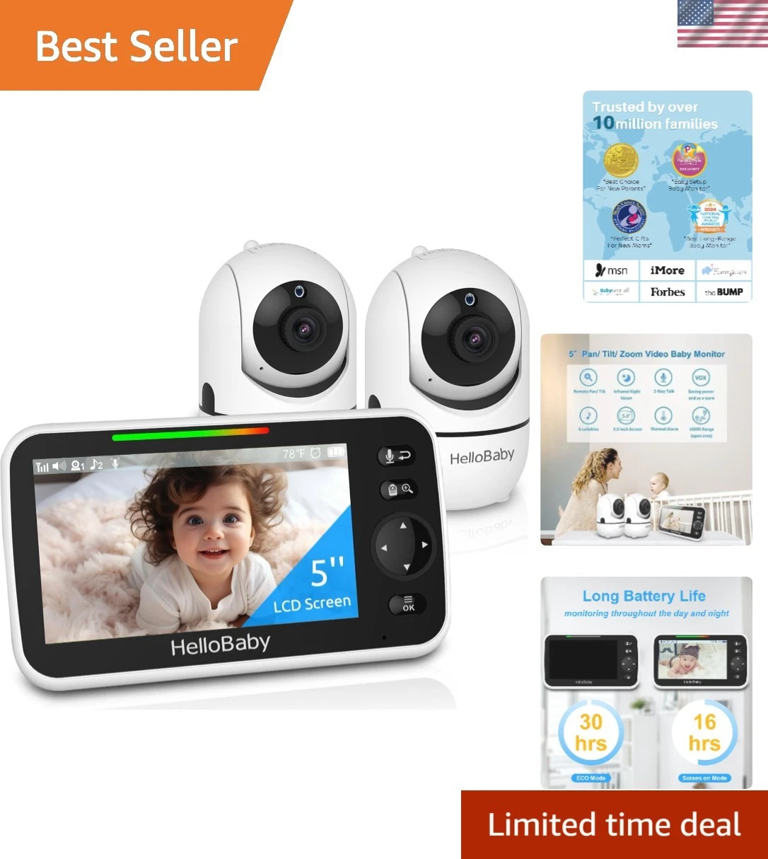 Upgrade 5-Inch Baby Monitor: 30-Hour Battery, 2 Cameras, No WiFi, Night Vision
