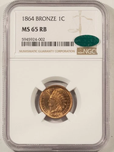 1864 INDIAN CENT, BRONZE - NGC MS-65 RB, PREMIUM QUALITY BLAZER! CAC APPROVED!