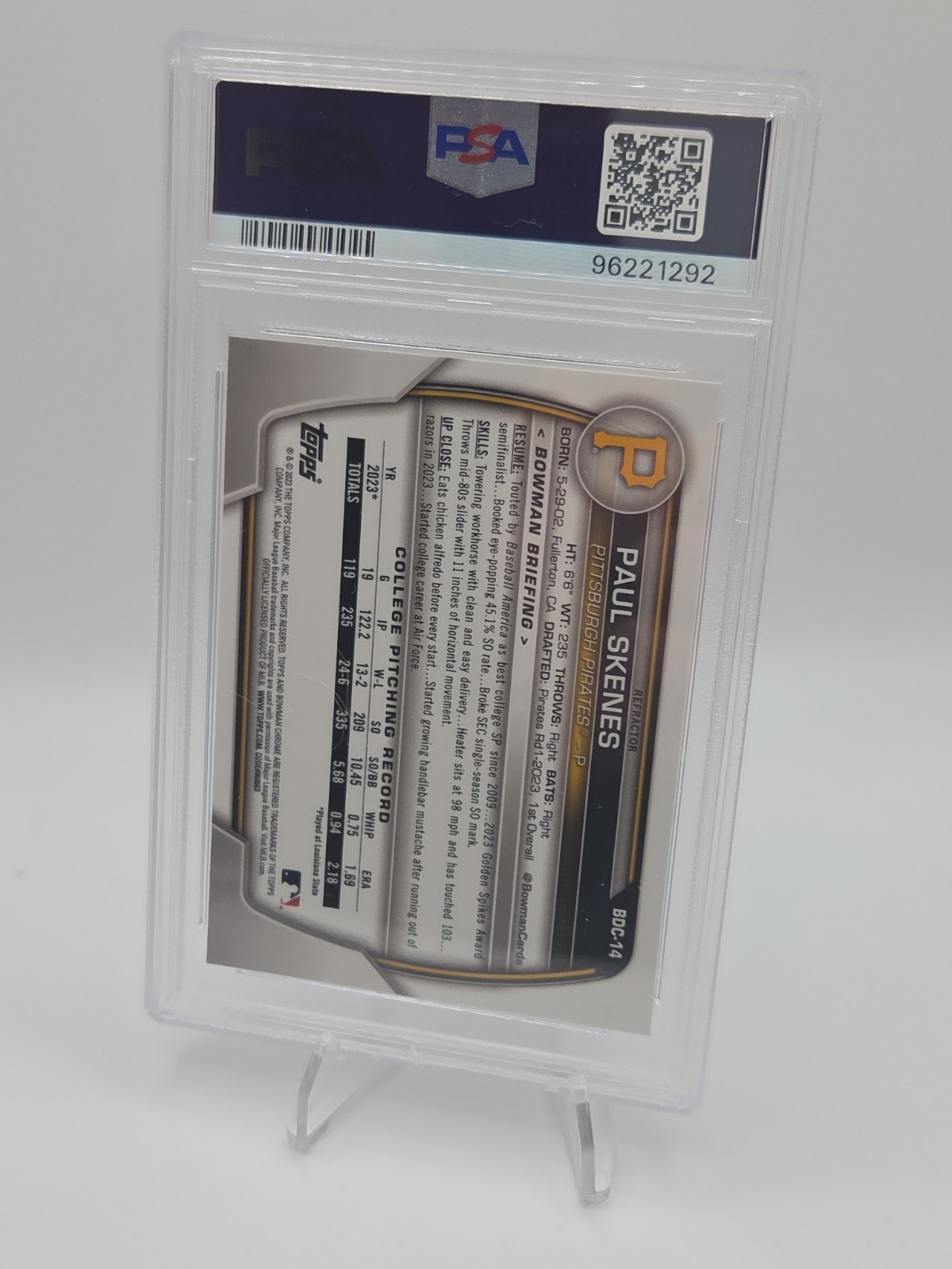 2023 Bowman Draft Paul Skenes Chrome Refractor 1st #BDC-14 Pirates PSA 8 view 2