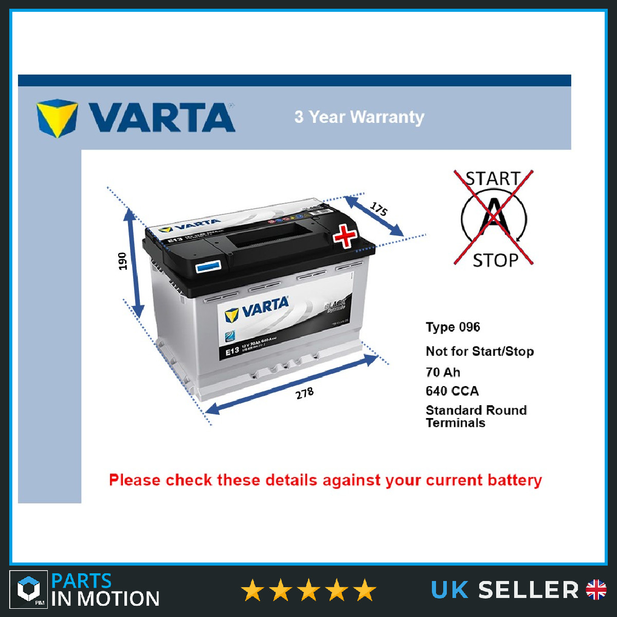 Battery fits HONDA FR-V NSX CIVIC CR-V ACCORD Varta 096 640A 70Ah New