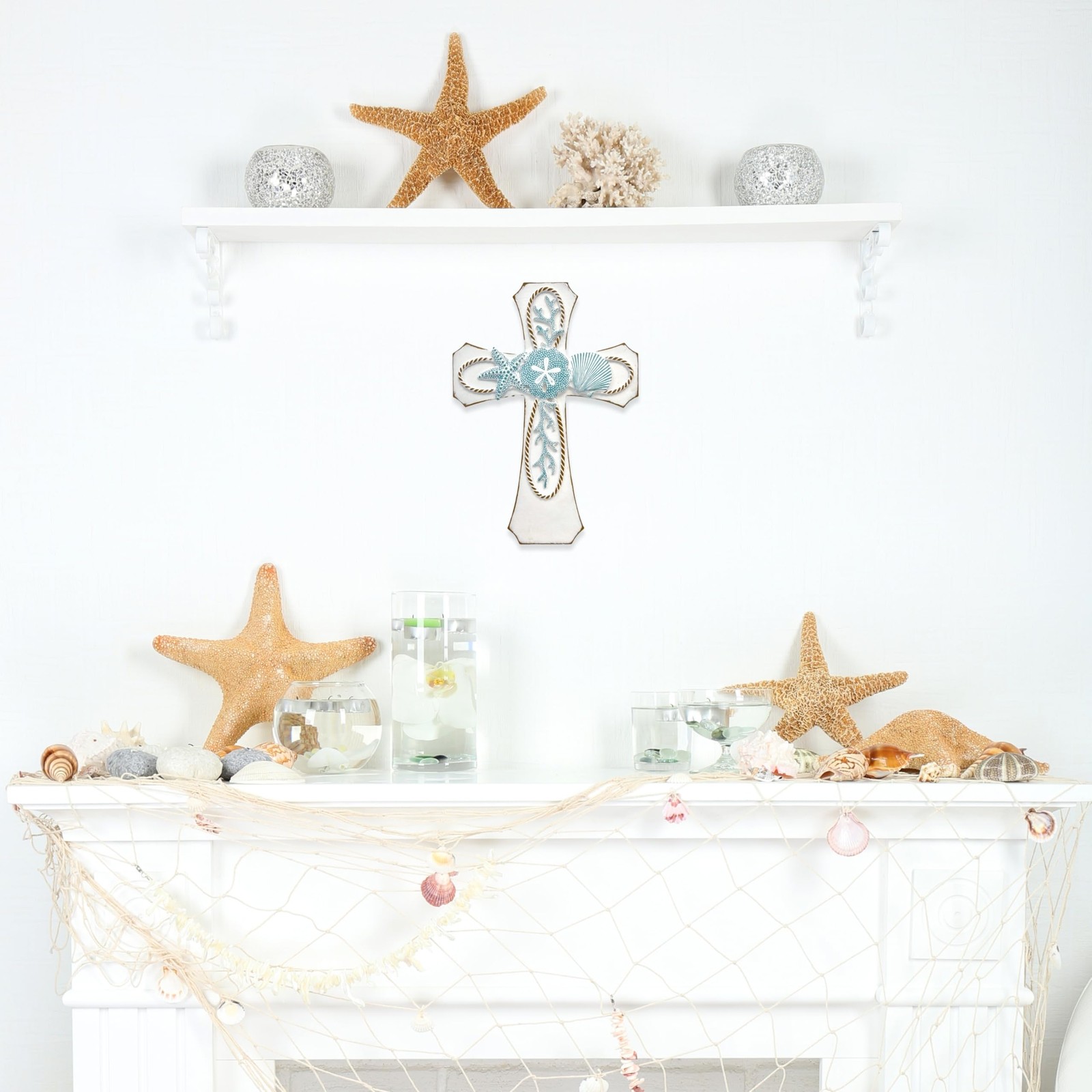 Coastal Nautical Spiritual Wall Cross with Starfish, Coral, and Sea Shell Des...