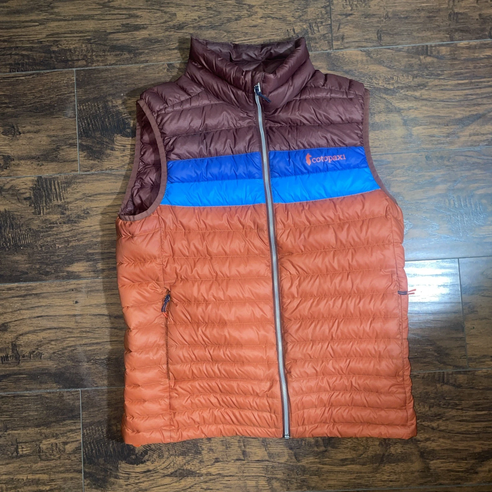 Cotopaxi Fuego Down Vest Mens Size M Medium Mezcal Stripes Rust Orange Puffer