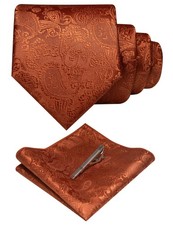 JEMYGINS Mens Paisley Tie Rust Necktie and Pocket Square with Tie Clip Sets 52 