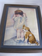 Bessie Pease Gutmann  Embroidered Picture "In Disgrace" Child w/ Dog 9x12/16x12