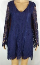 Francesca's Flare Lace Long Sleeve V- Neck Blue Lace Overlay Sheath Dress Sz S