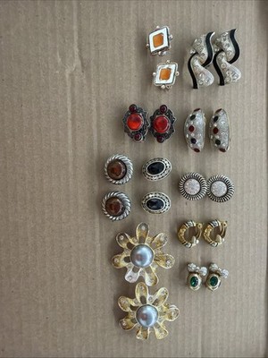 Vintage Lot of 10 Pairs Unbranded Clip-On Earrings Rhinestone Faux Pearl Retro