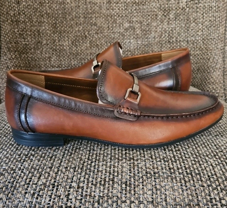 Steve Madden Privacy Cognac Lea Brown Leather Metal Bit Loafers Men's Size 9.5