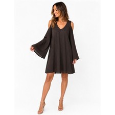 Show Me Your Mumu Medium Womens Black Cold Shoulder V-Neck Dress Bell Sleeves