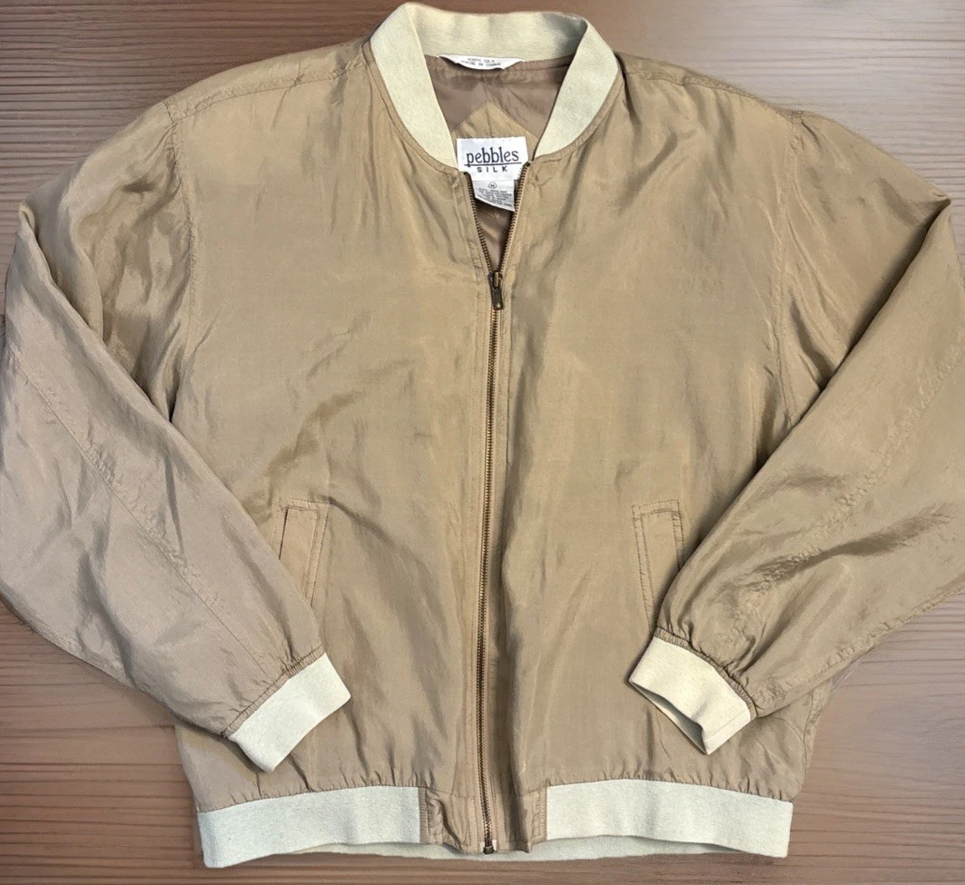 Vintage Pebbles Silk Jacket 100% SILK Windbreaker Full Zip Shoulder Pads Sz Med