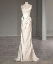 Satin Sheath Wedding Dresses Scoop Neck Pleats Backless Bridal Gowns,Custom Made