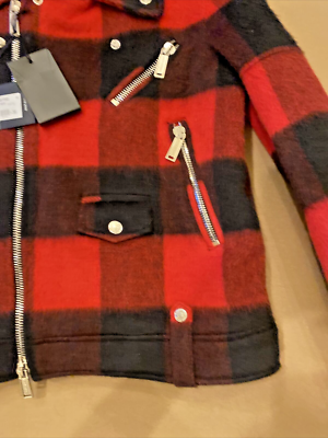 Dsquared2 Red and Black Plaid Wool biker style moto jacket 38 NWT