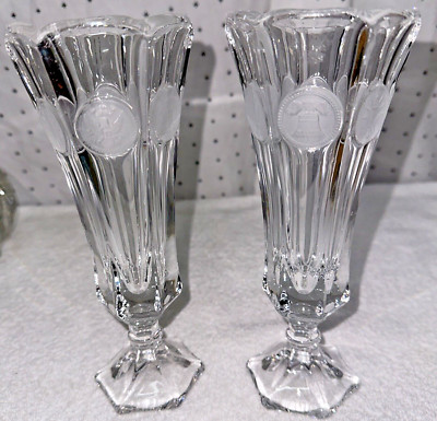 2 Vtg Fostoria Coin Glass Clear Fluted Panel Scalloped Edge Pedestal Foot Vase