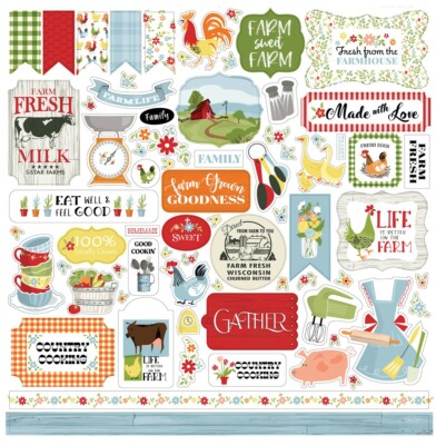 (1) 12x12 Sheet Carta Bella Paper FARMHOUSE LIVING Scrapbook Element Stickers