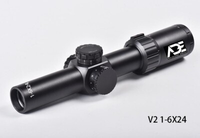 ADE 1-6x24 Riflescope with Illuminated Mil Dash Reticle, Rings+Covers Included.