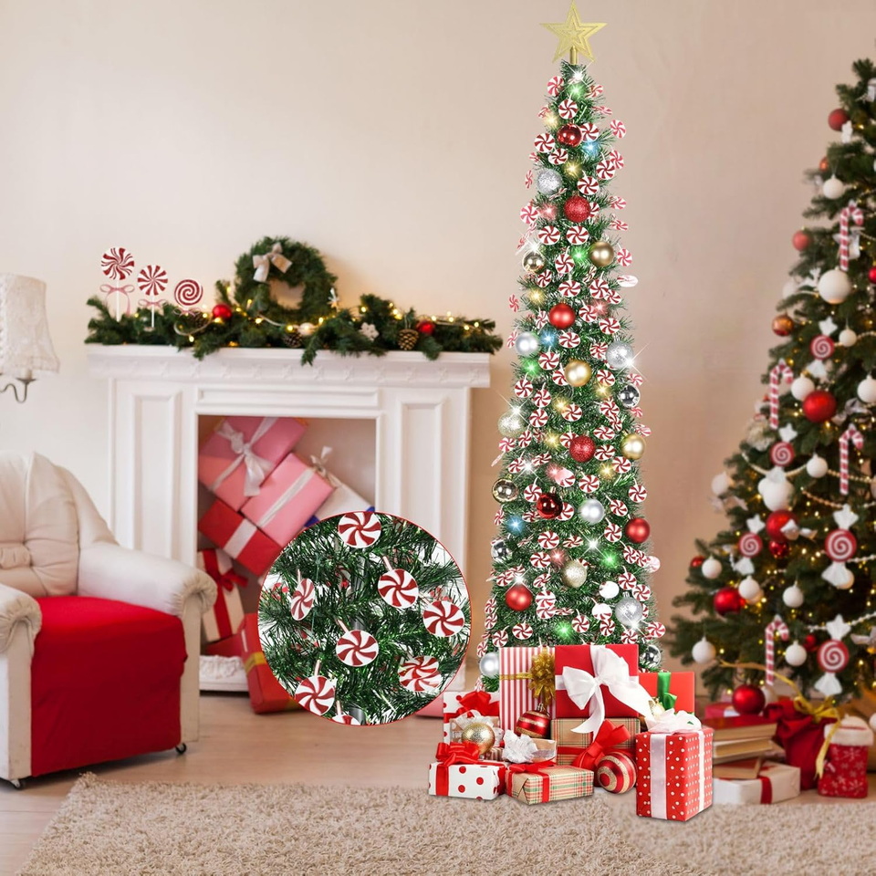 5 FT Pop Up Candy Cane Christmas Tree with Timer Lights and Decorations