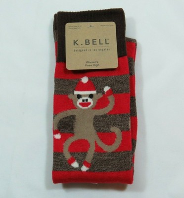  Women's Sock Monkey Dark Brown Marble Stripes Knee High K Bell Socks Size 9-11 