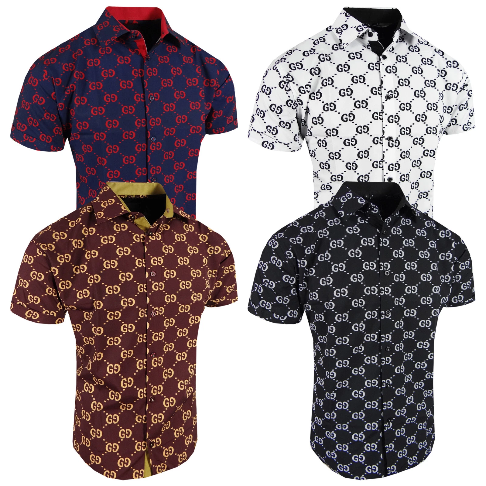 Designer Dress Shirt Short Sleeve Men Italian Logo Stripe Stretch SlimFit Button