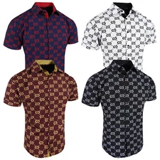 Designer Dress Shirt Short Sleeve Men Italian Logo Stripe Stretch SlimFit Button