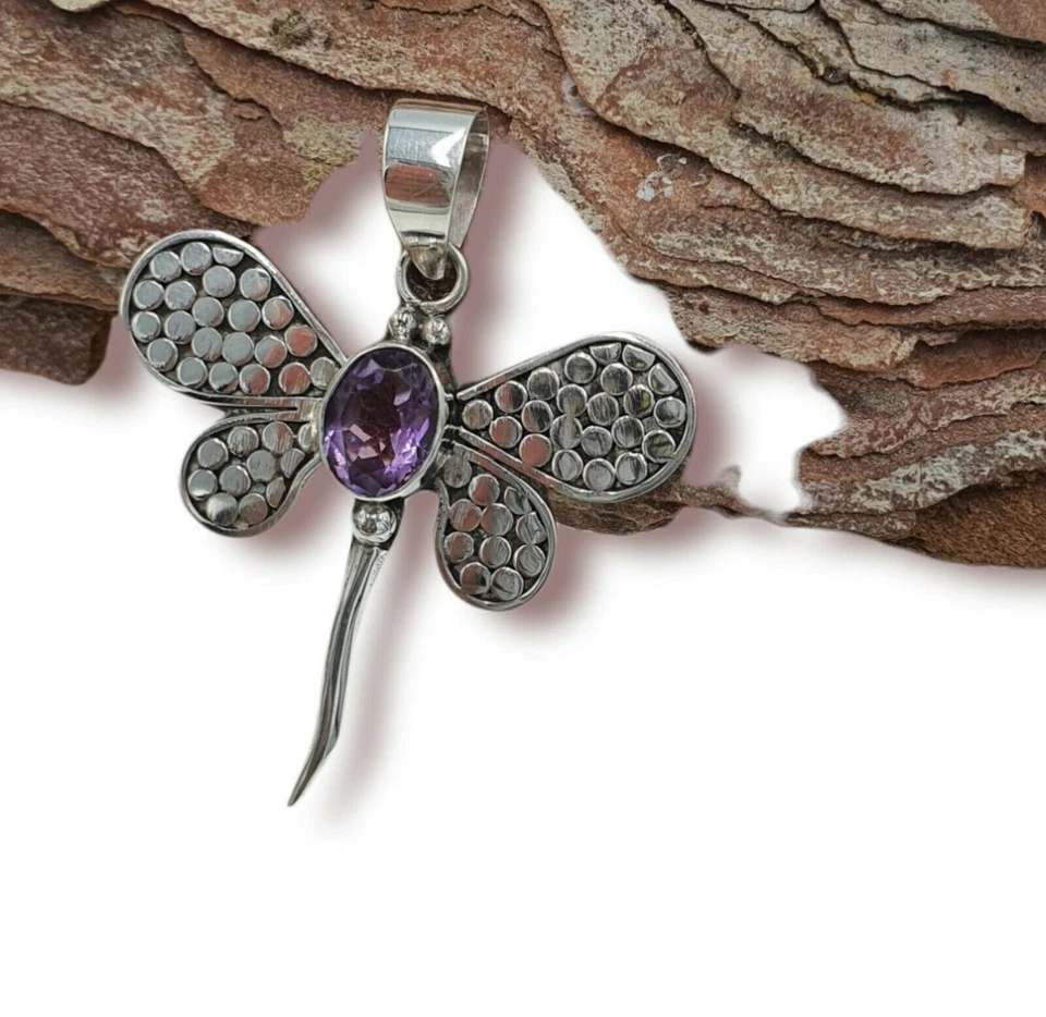 Ciondolo Donna Libellula Ametista Viola 925er Argento Sterling a Mano Regalo - Immagine 2 di 4