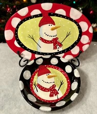 Retired Lot Of 2 DEMDACO Silvestri HIT THE SPOT Snowman Plate & Bowl Lynn Morris