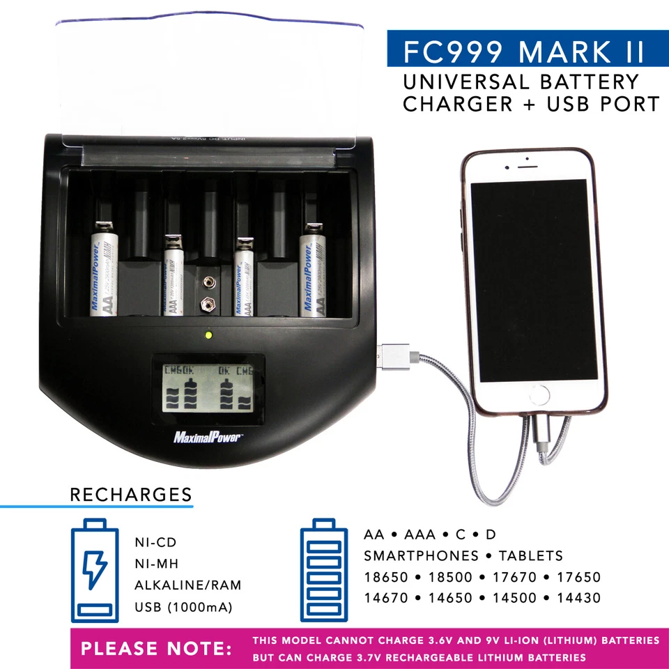 MaximalPower Battery Charger Alk/NiMh/Li-ion AA AAA C D w/ USB Port Mark II - Image 3 of 4