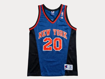 Maillot Champion New York Knicks Larry Johnson #20 taille M/40 bleu noir oran... - Photo 1/4