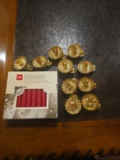 10 Vtg Gold Metal Christmas Tree Clip-on Candle Holders w/Eika Kerzen Candles