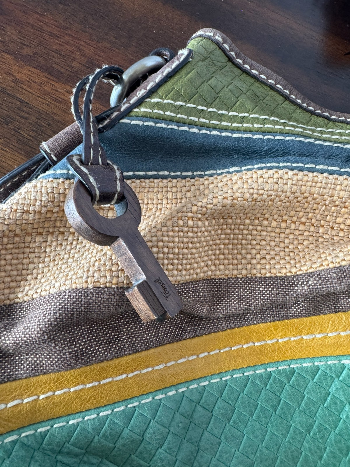 Fossil Patchwork Canvas Leather Handbag Boho Wood… - image 4