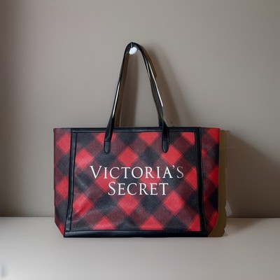 Victoria's Secret Tote Bag Open Top Weekender Holiday Black Red Plaid Women NWOT